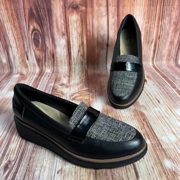 Clarks SHARON GRACIE Womens Size 8.5 Black Leather Tweed Wedge Loafers Shoes - Picture 1 of 10